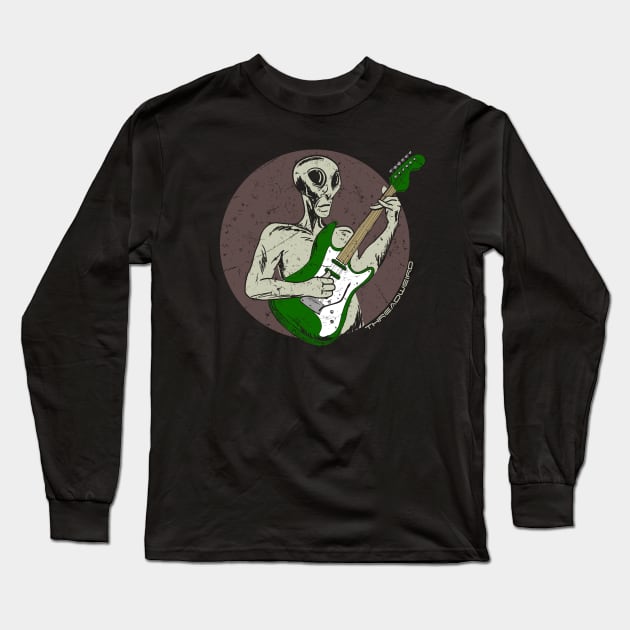 Grey Alien Electric Guitar Long Sleeve T-Shirt by ThreadWeird Apparel Company